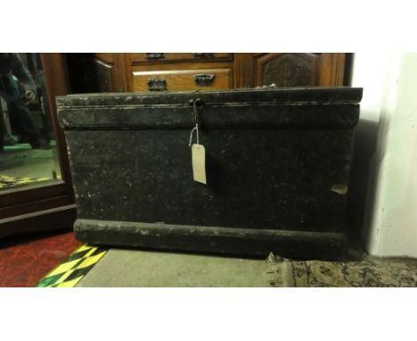 A substantial 19th century pine and iron banded carpenters tool chest, the rising lid showing a stencilled interior together 