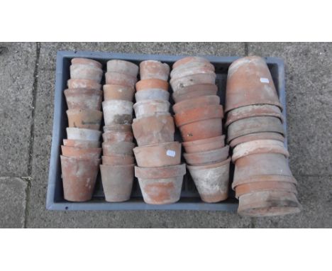 Approximately 30 small old terracotta flower pots (varying sizes), together with a vintage Drew Clark & Co diamond ladder wor