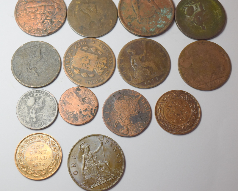 14 old copper coins, all appear to be British.