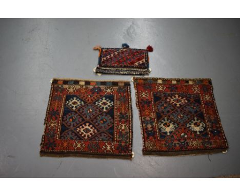 Pair of Mianeh sumac khorjin faces, north west Persia, first half 20th century, each 1ft. 10in. X 1ft. 11in.  0.56m. X 0.59m.