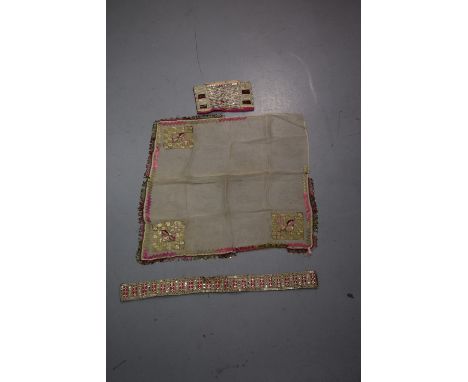 Ottoman silk gauze bohce embroidered in metal threads and bright silks and trimmed with sequins,  34in. 86cm. Sq. Together wi