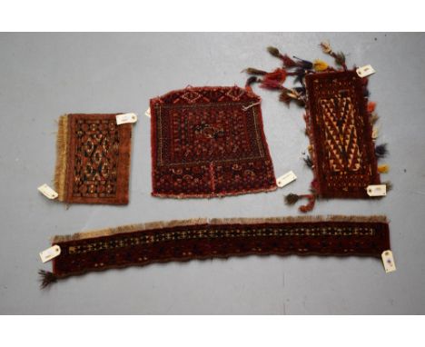 Six Turkmen weavings, Turkmenistan, the first: Tekke Turkmen ceremonial saddle cover, late 19th century, 1ft. 4in.; 0.41m. Sq