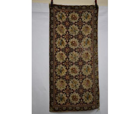 European part silk needlework rug, possibly French, first half 20th century, 5ft. 8in. X 2ft. 8in. 1.73m. X 0.81m. Corrosion 