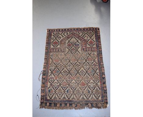 Shirvan prayer rug, south east Caucasus, second half 19th century, 3ft. 10in. X 2ft. 8in. 1.17m. X 0.81m. Overall wear,  corr