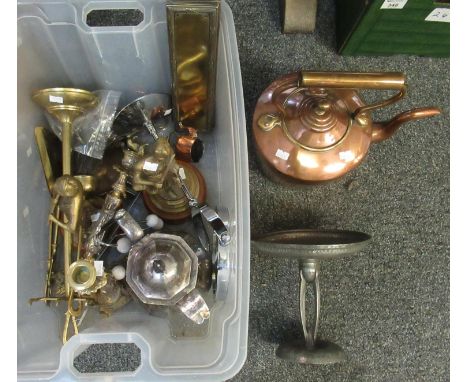 Box of assorted metalware to include; a copper kettle, various brass fireside items, decorative brass candlesticks, plated co