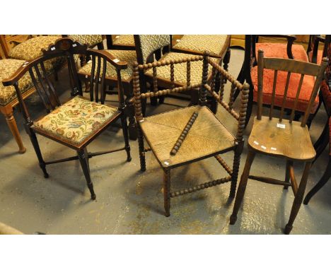 Late 19th/early 20th Century elm and beech child's spindle chair, together with a bobbin turned corner chair with rush seat a