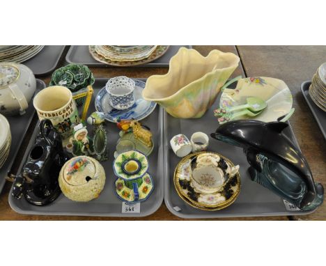 Two trays of assorted china to include: a Coalport leadless glaze trio, florally decorated in cream, navy and gilt, a Crown D