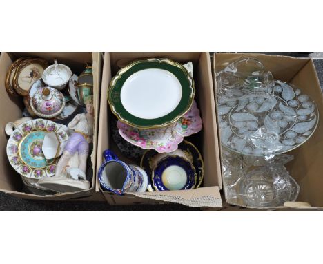 Three boxes of assorted china and glass including: two French decorative wall plates, some creamware, Spode plate, Japanese '