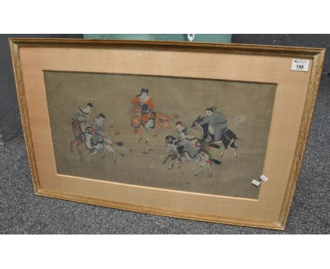 Chinese school, unusual study of mounted figures playing a form of polo, probably painted on silk. 35 x 63cm approx. Framed a