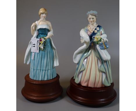 Two Royal Doulton bone china portrait limited edition figurines, 'Lady Diana Spencer' no. 644 on wooden plinth and 'Queen Eli