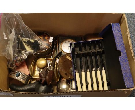 Box of oddments to include travelling pocket barometer, cased and other pipes, vintage compacts, jewellery and beads, etc. (B