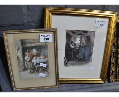 J Clark (19th Century British), 'Grace', signed, watercolours. Together with a coloured print, bell ringer playing a chime. (