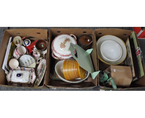Three boxes of various items including: two framed prints, mixing bowl, glass chopping board, an old green enamel meat mincer