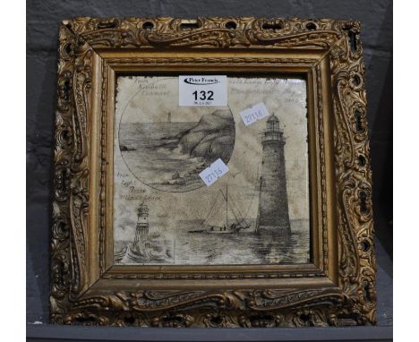 19th Century ceramic tile with printed decoration of American lighthouses within pierced gilt frame. (B.P. 21% + VAT)