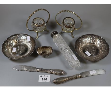 Box of silver and plate to include boat-shaped salt, pair of floral and foliate silver bon bon dishes, scent bottle with ster