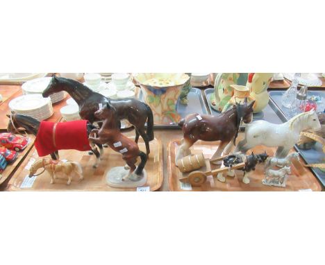 Three trays of animal figurines; various including; Beswick horses, various other horse figures, models of pheasants, golden 