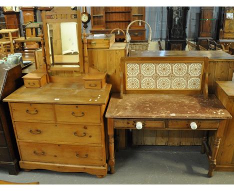 Late 19th/early 20th Century pine tile back washstand, together with an Edwardian pine mirror back dressing table/chest of dr