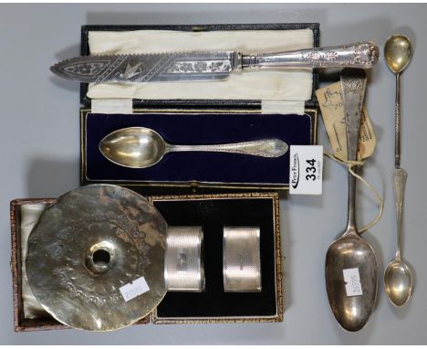 Pair of silver engine turned napkin rings in original case, together with two silver spoons, silver Christening spoon etc. 5.