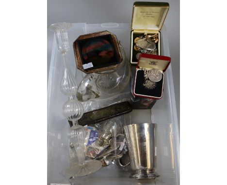 Box of assorted items to include silver plated tankard, glass water jug, silver topped scent bottles, brass candlestick, etc.