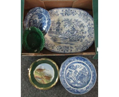 Box of assorted china to include; three Wedgwood Etruria leaf design relief decorated plates, two Spode hand painted Game Bir