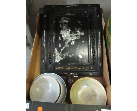 Box of mostly oriental items including; a black painted tray or panel with mother of pearl inlaid decoration depicting orient