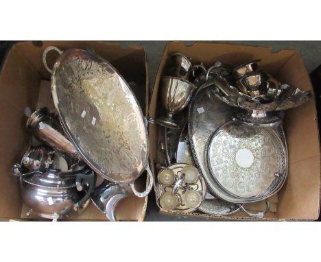 Two boxes of assorted silver plate to include; various serving trays, coffee pots, teapot, sucrier, eggcups in stand with tea