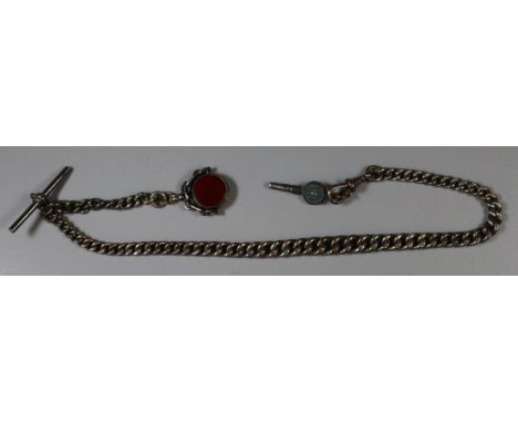 Silver T bar pocket watch chain with key and blood stone fob. (B.P. 21% + VAT)Total weight 53.8g approx, estimated weight wit