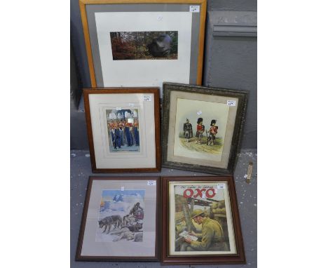 Group of assorted furnishing pictures including military studies, arctic dog sled, photograph of a Japanese sculpture etc. (5