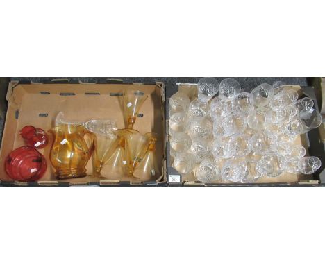 Two boxes of assorted glassware to include; moulded and cut glass drinking vessels, various; souvenir Scottish tumblers, bran