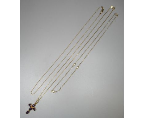 Amethyst set cross pendant on an 18ct gold chain together with a 9ct gold diamond set chain and a fine 14ct gold chain.  Appr