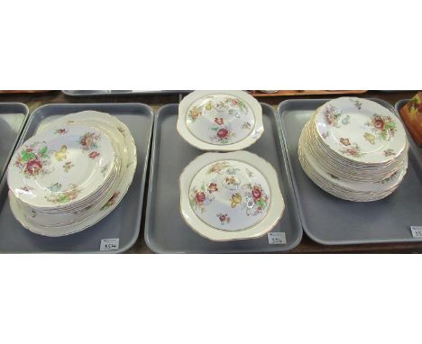 Three trays of Coalport English bone china 'Ming Rose' design tea and dinnerware items to include; lidded tureens, gravy boat