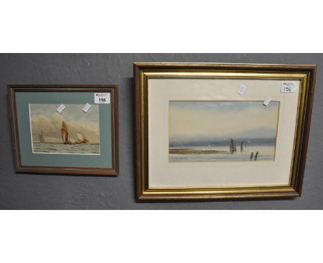 A Hulk, seascape with fishing smacks, signed, watercolours, 15 x 26cm approx. Together with a marine print. Framed. (2)(B.P. 