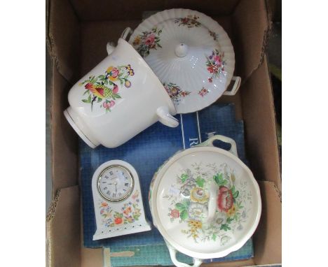 Box of assorted china to include; Aynsley pottery floral and buttefly design small mantel clock, a Royal Worcester fine bone 