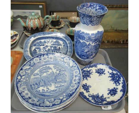 Tray of blue and white china to include; a Mason's Ironstone vase, willow design ironstone serving trays, four dinner plates 