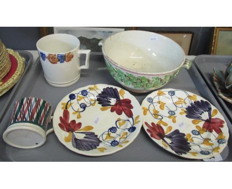 Tray of assorted 19th Century china including; two small Llanelly pottery spongeware plates, one spongeware mug and a small c