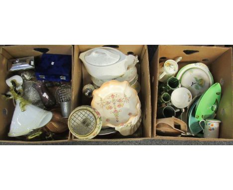 Three boxes of assorted items to include; Carlton Ware leaf design plate, art pottery jug, Mason's Ironstone 'Chartreuse' tri