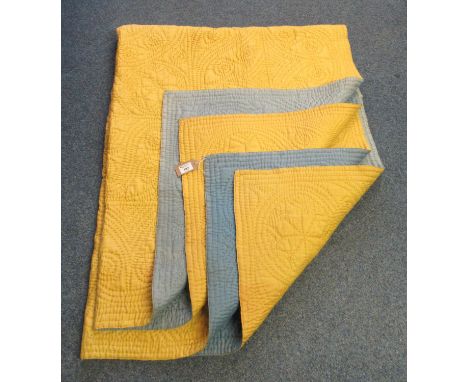 Vintage cotton quilt with sewn pattern, yellow to one side and light blue to reverse. (B.P. 21% + VAT)Yellow side - some pale