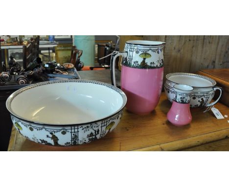 Wedgwood Imperial porcelain jug and basin set, together with a toothbrush holder and chamber pot decorated with oriental figu