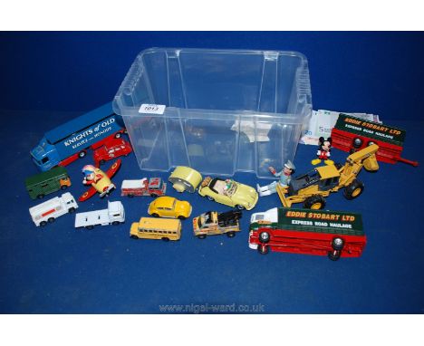 A quantity of model lorries and cars including Ertl John Deere digger, Corgi Eddie Stobart Juggernaut 'Knights of Old' tracto