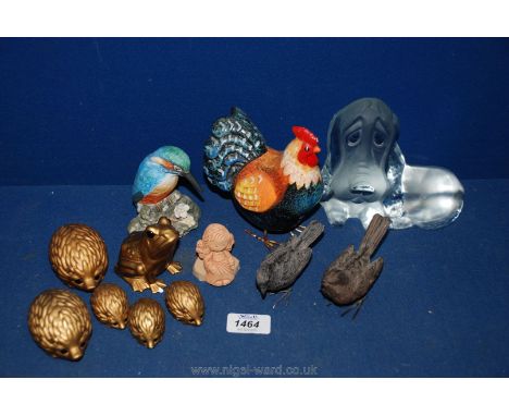 A quantity of china birds, Noritake hedgehogs and frog, etc.