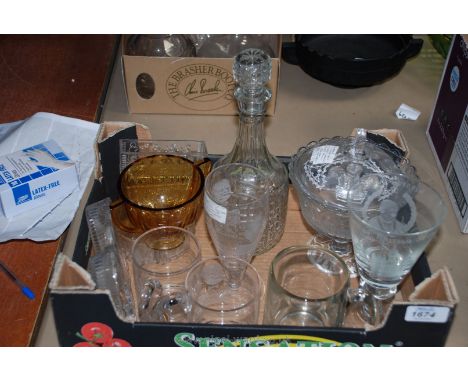 A quantity of glass including Commemorative glass, Churchill memorabilia glasses, decanter and Sowerby nursery rhyme glass, e