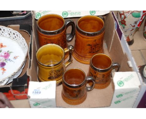 Five china Tankards including Lord Nelson pottery golfing tankard, hunting tankard, two 1/2pt Lord Nelson pottery depicting g