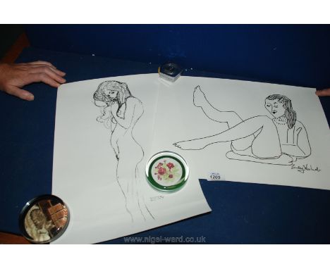 Two unframed art prints including one of an Andy Warhol sketch of a reclining woman, the other of a Gustav Climt sketch of a 