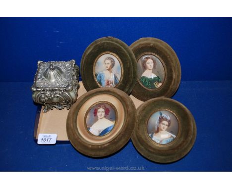 Four velvet framed portrait Miniatures and a white metal Tea Caddy