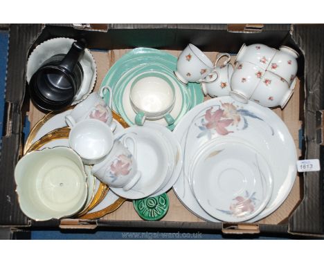 A quantity of china including a part Midwinter Teaset, a Prinknash tankard, a small mint sauce jar and lid, a dolphin bone ch