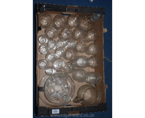 A quantity of etched glass including Decanter and stopper with matching lemonade glasses, sherry glasses, water jug, etc.