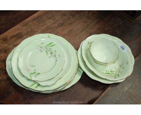 A Royal Albert 'Laurentian' Snowdrop part Dinner Service including five dinner plates, meat plate, oval dish, round dish, two