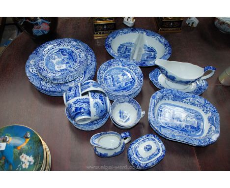 A quantity of blue and white Spode 'Italian' Dinnerware including dinner and side plates, cereal bowls, sauce boat, divided d