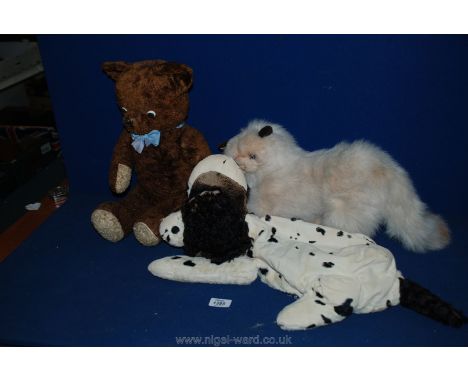 A vintage Spaniel Pyjama case, a Teddy Bear and Cuddly Cat