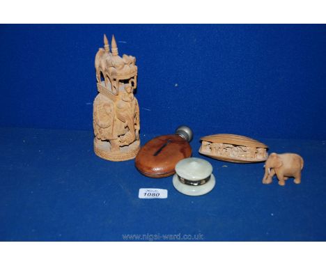 An Indian carved Sandlewood Elephant, leather bound hip flask, etc